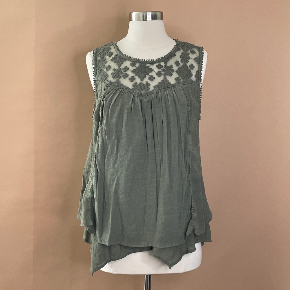 Style & Co Boho Sage Green Lace Trim Sleeveless Layered Tunic Top Women’s Medium